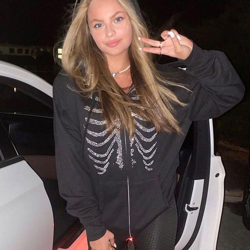 Rhinestone Skeleton Zip Up