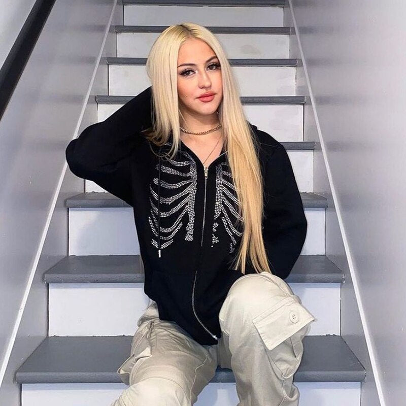 Rhinestone Skeleton Zip Up