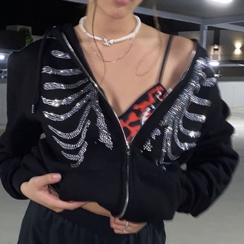 Rhinestone Skeleton Zip Up